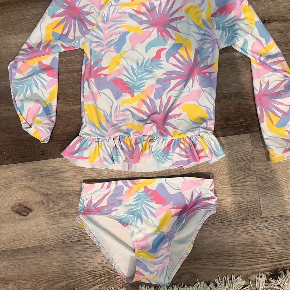 Kids Long Sleeve Two-Piece Swim Set in Pastel Tropical Print